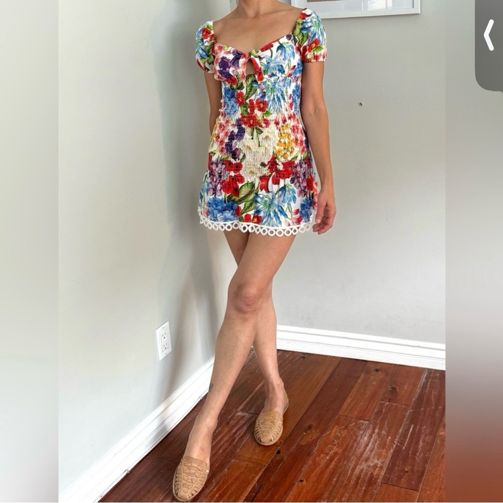 Luisa Positano Italian Linen Dress, Mini, Puff Sleeve, Smocked, Floral, XS